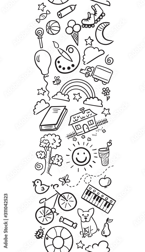 Doodle set of objects from a child’s life. Happy birthday vector illustration Doodle set of objects from a child’s life. Happy birthday vector illustration