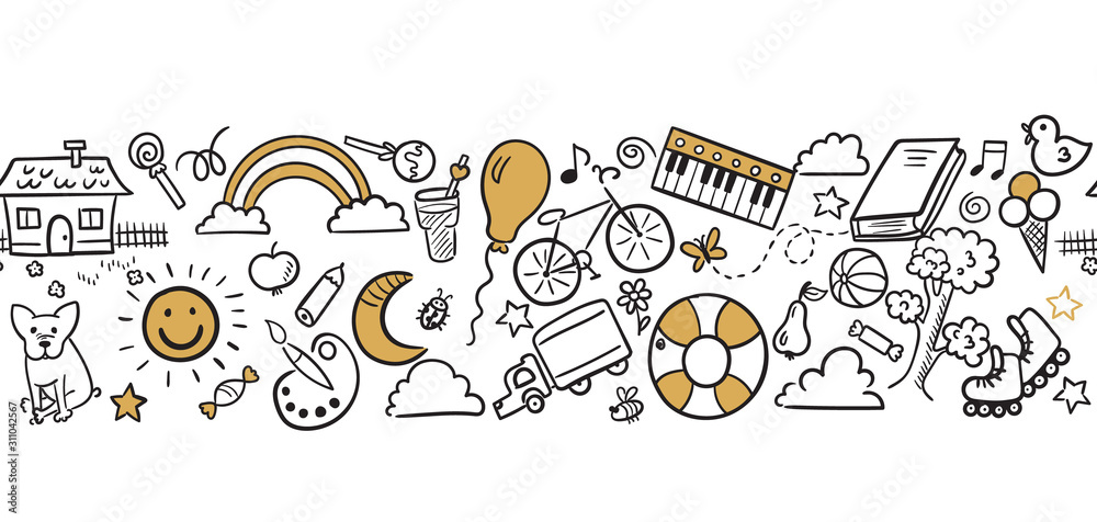 Doodle set of objects from a child’s life. Happy birthday vector illustration Doodle set of objects from a child’s life. Happy birthday vector illustration