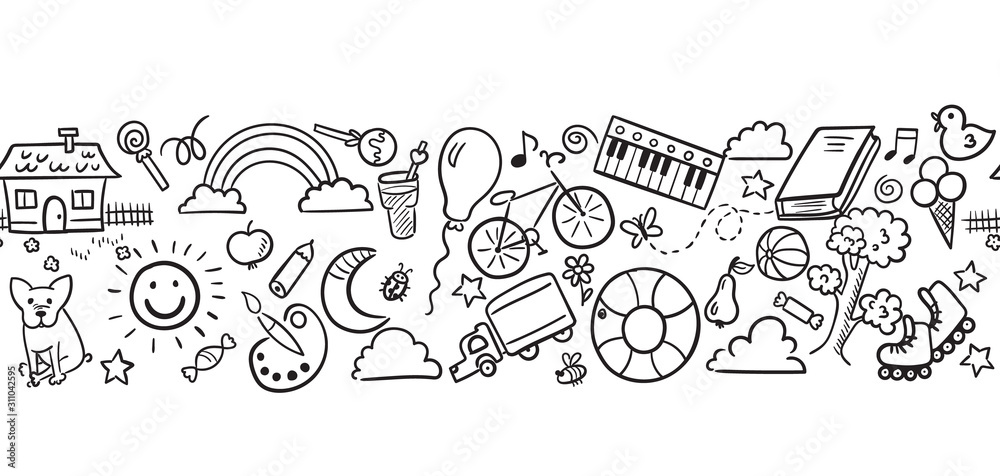 Doodle set of objects from a child’s life. Happy birthday vector illustration
