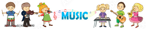 Children with musical intruments. Boys and girls singing, playing guitar, drum, piano, violin. Music background for poster, banner, brochure templates.