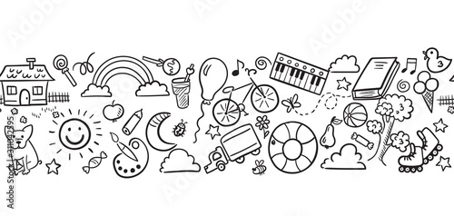 Doodle set of objects from a child   s life. Happy birthday vector illustration