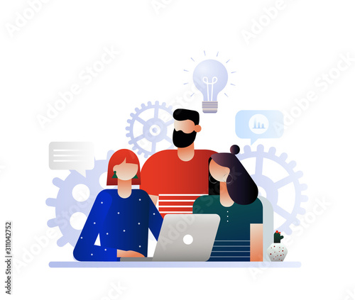 Team work, businessmen discuss projects, social networks, news, chat, dialogue speech bubbles, flat style, project management. Characters design, vector illustration