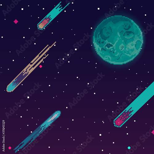 Vector retro futuristic background. Abstract digital landscape with particles dots and stars on horizon. Pixel art background. 8 bit. Planet in space. Retro game design interface. 