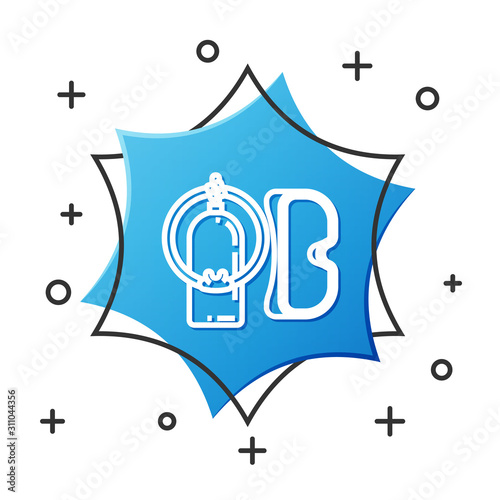 White line Diving mask and aqualung icon isolated on white background. Oxygen tank for diver. Extreme sport. Sport equipment. Blue hexagon button. Vector Illustration