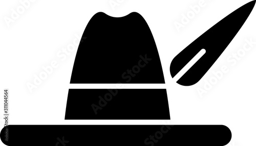 Black Oktoberfest hat icon isolated on white background. Hunter hat with feather. German hat.  Vector Illustration