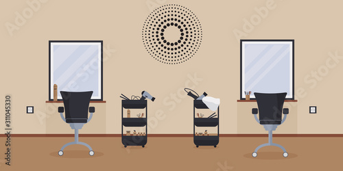 The interior of the beauty salon.An empty, cozy barbershop with mirrors and trolleys with hair dryers, hair straighteners.Workplace of the hairdresser. Vector illustration