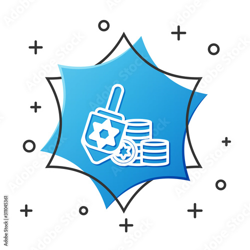 White line Hanukkah dreidel and coin icon isolated on white background. Blue hexagon button. Vector Illustration