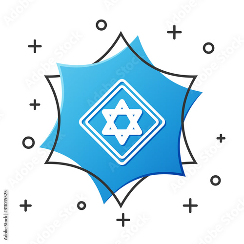 White line Star of David icon isolated on white background. Jewish religion symbol. Symbol of Israel. Blue hexagon button. Vector Illustration
