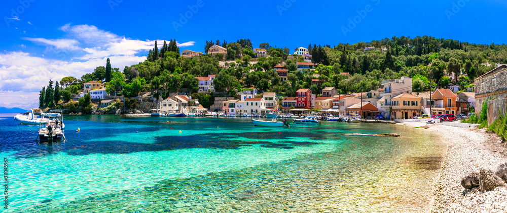 Authentic tranquil Paxos island. Loggos fishing village. Ionian islands of Greece