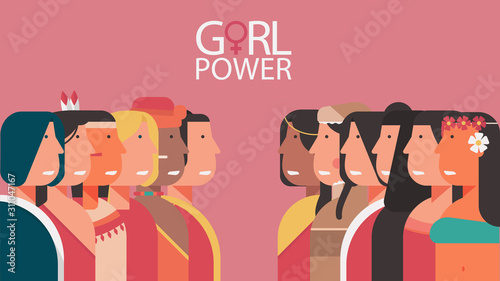 girl power concept, character of diversity young women, female, feminist and lady for poster, banner, card and landing page vector flat illustration