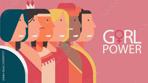 girl power concept, character of diversity young woman, feminist, female and lady for poster, banner, card and landing page vector flat illustration