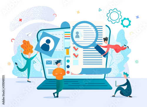 Employees of the virtual office are looking for an employee for the company studying the resume online. HR infographics.