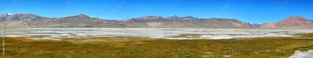 Panoramic landscape view of Tso Kar salty lake Ladakh, India