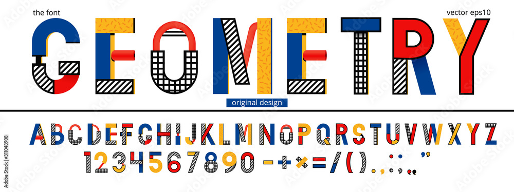 Memphis font in modern style. Graphic vector typeface. Abstract digital letters. Red and yellow and blue colors. Pop art retro alphabet and number set. Typography design.