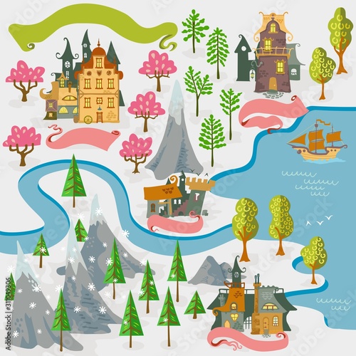 Fairy tale fantasy map builder cartography vector illustrations draw