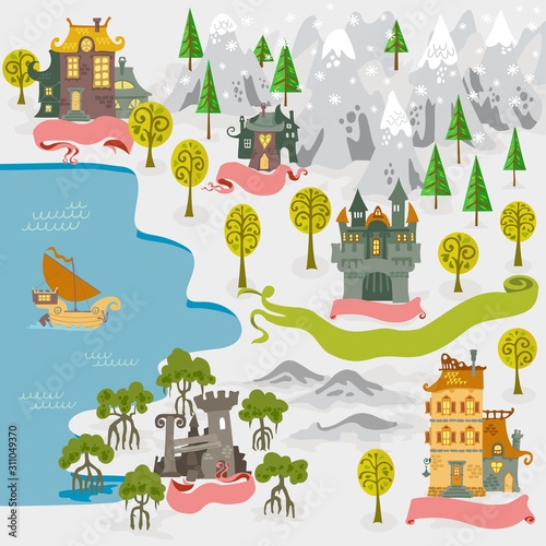 Fairy tale fantasy land map builder cartography vector illustrations draw