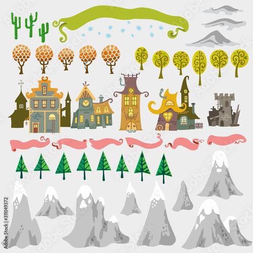 Fairy tale fantasy map builder cartography isolated vector illustrations draw