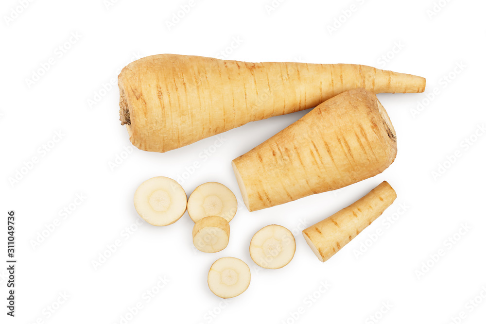 Parsnip root and slices isolated on white background closeup. Top view. Flat lay Parsnip root and slices isolated on white background closeup. Top view. Flat lay
