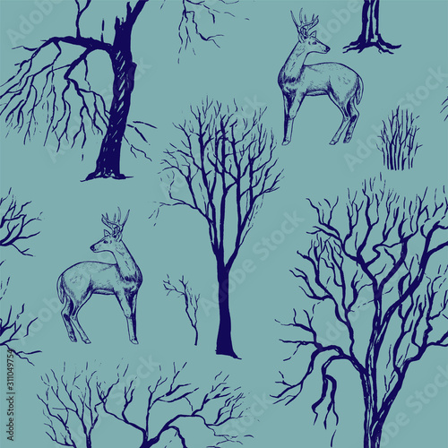 Vintage vector seamless pattern. Young deer in the forest. Sketch style drawing. Hand drawn natural botanical wallpaper. Outline forest life background. For wrapping, paper, textile, postcard, prints.
