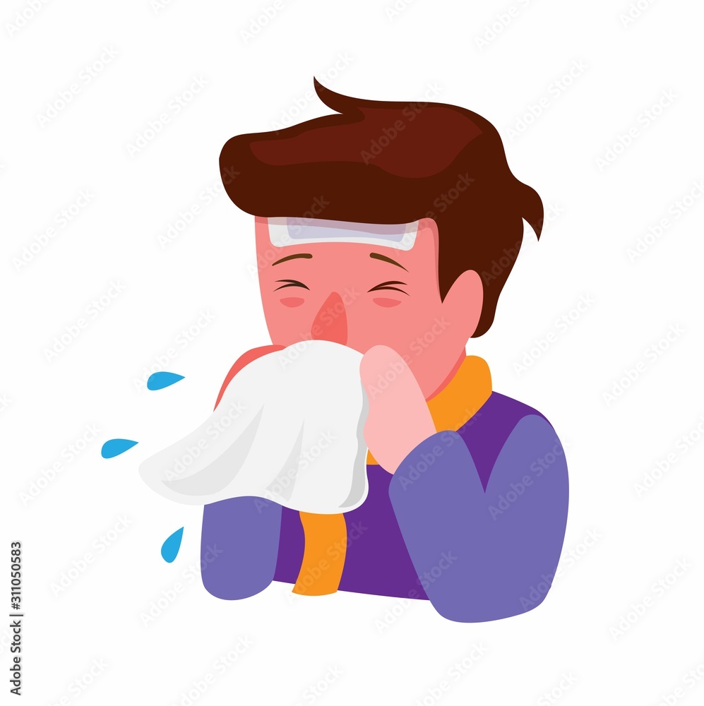 man sneezing ill, fever, sick with influenza cartoon flat illustration  vector Stock Vector | Adobe Stock