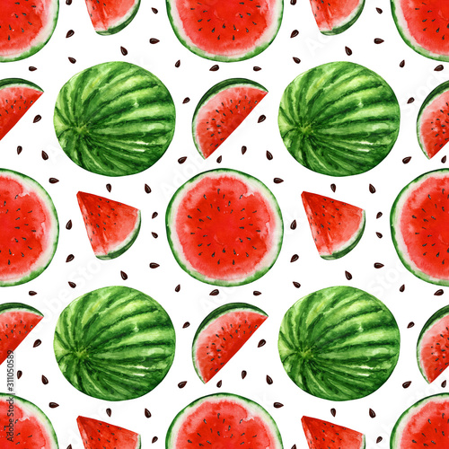 Fototapeta Naklejka Na Ścianę i Meble -  Watercolor seamless pattern with watermelons. Hand drawn vegetarian food. Design for cafe and restaurant. Illustration for menu. Print for textile. Template, background, ornament, wallpaper