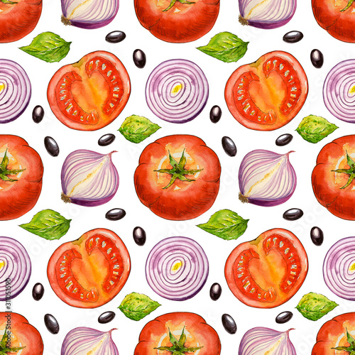 Watercolor seamless pattern with vegetables. Hand drawn vegetarian food. Design for cafe and restaurant. Illustration for menu. Print for textile. Template, background, ornament, wallpaper