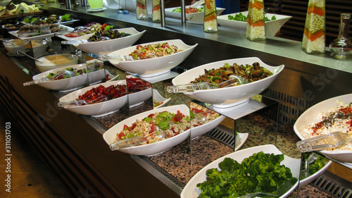 huge selection of varied food at self-service desks in Turkish hotels on an all-inclusive system