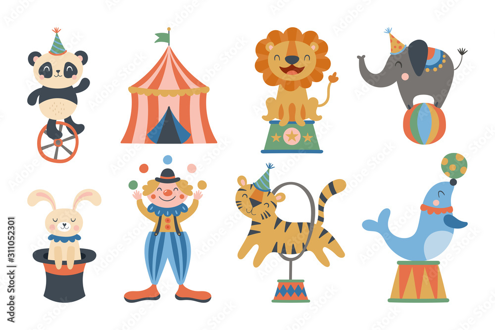 Cute circus animals and clown character design. Stock Vector | Adobe Stock