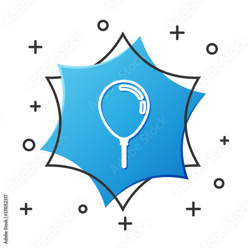 White line Balloon with ribbon icon isolated on white background. Blue hexagon button. Vector Illustration