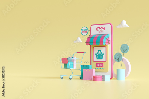 Shopping on-line. Online store on website or mobile application. 3d rendering background. digital marketing shop