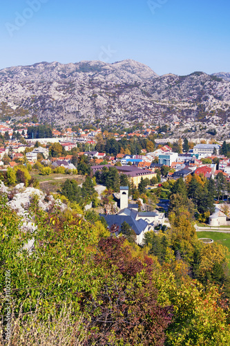 Sunny autumn, beautiful mountain landscape. Montenegro, view of Cetinje town - historical capital
