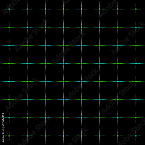 Glowing blue and green stars on a black background.