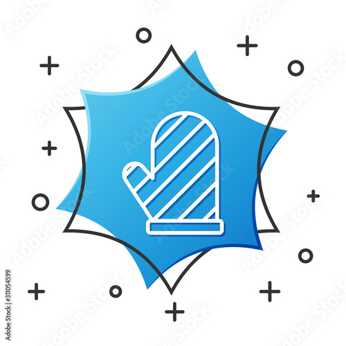 White line Oven glove icon isolated on white background. Kitchen potholder sign. Cooking glove. Blue hexagon button. Vector Illustration