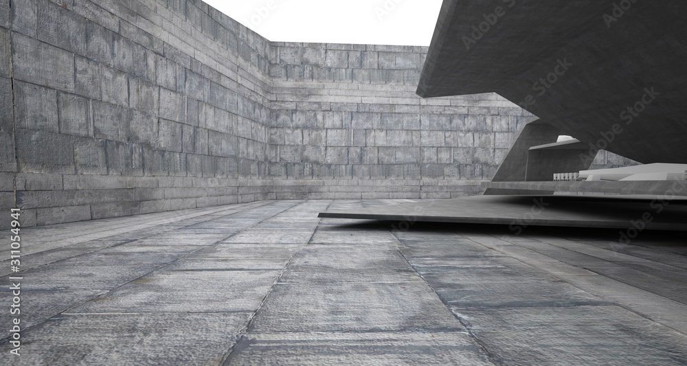Obraz premium Abstract architectural concrete interior of a minimalist house with swimming pool. 3D illustration and rendering.