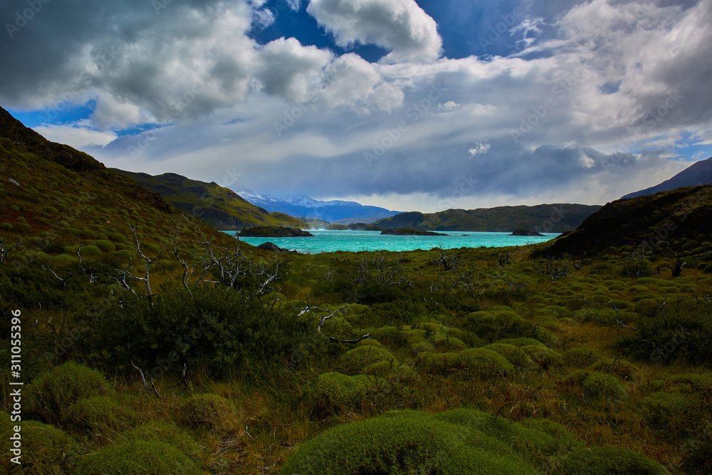 Obraz premium Torres del Paine, Nordeskield lake, chile