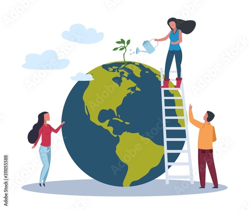 Ecology world concept. Save Green Planet Environment. People take care about planet ecology. Vector flat eco illustrations with woman on globe conservation plant