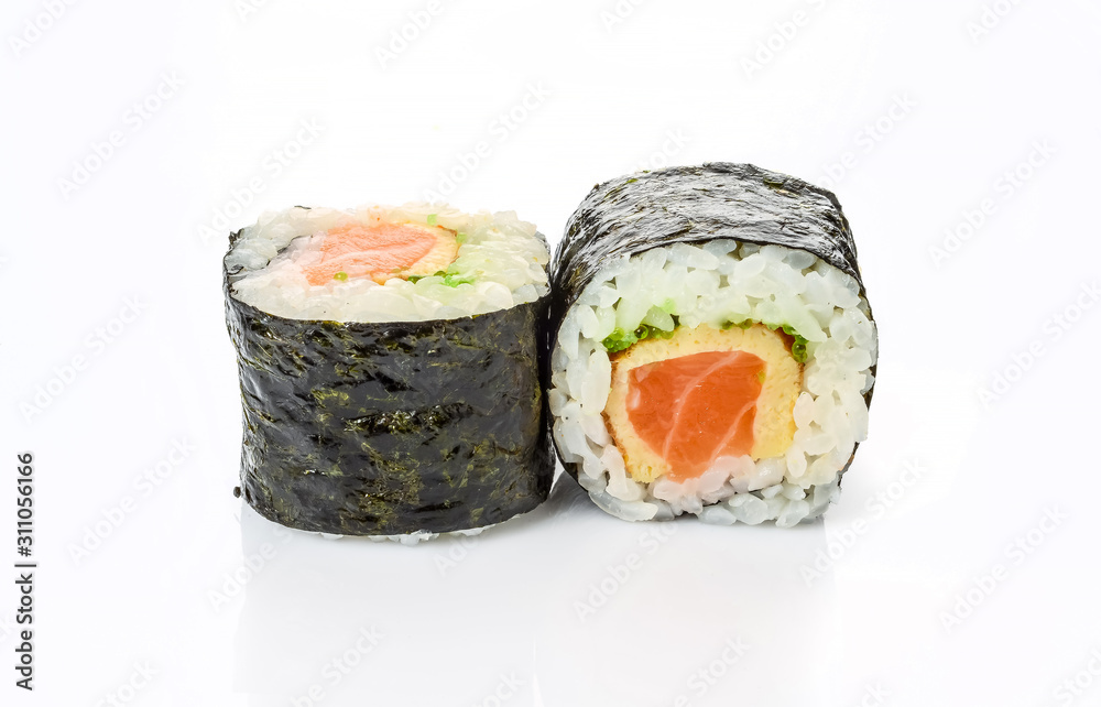 traditional fresh japanese sushi rolls on a white background traditional fresh japanese sushi rolls on a white background