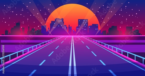 Night city road. Futuristic highway with neon lights and buildings, city of future urban landscape. Vector illustration downtown cartoon scene futurist view modern illuminations road