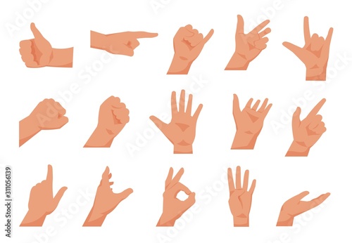 Hand gestures. Flat collections of arms showing different gestures, counting pointing and greeting. Vector cartoon isolated palms set, poser hands isolated on white background