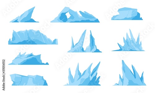 Glaciers. Icebergs, ice mountains and compressed snow, freezing ocean landscape and melting sea rock. Vector illustrations iceberg set, like freeze water or crystal ice in ocean