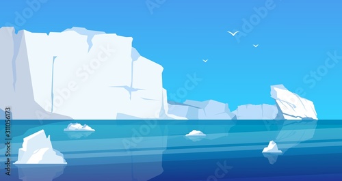Arctic landscape. Glaciers and icebergs in blue frozen ocean, cartoon ice mountains and melting ice. Vector North pole sea scene floating glacier melt
