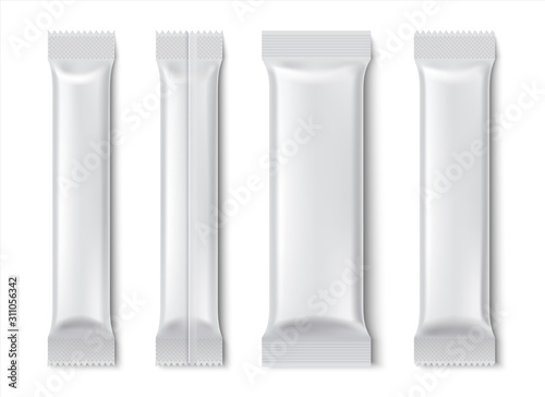 Stick pack. Blank sachet package mockup for coffee and tea isolated on white, paper food product pack. Vector coffee stickers templates, packaging for biscuits, sugar sticks