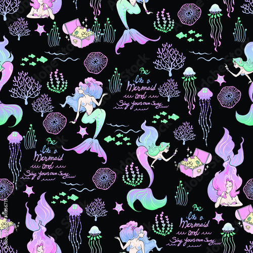 Mermaid doodle with coral fish jellyfish alga in ocean life and typography seamless pattern vector with black background  