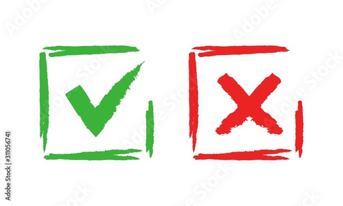 Tick and cross check marks. Good and bad choice grunge brush sign. Vector checklist crossed out or check symbols, right or wrong, good or bad marking signs