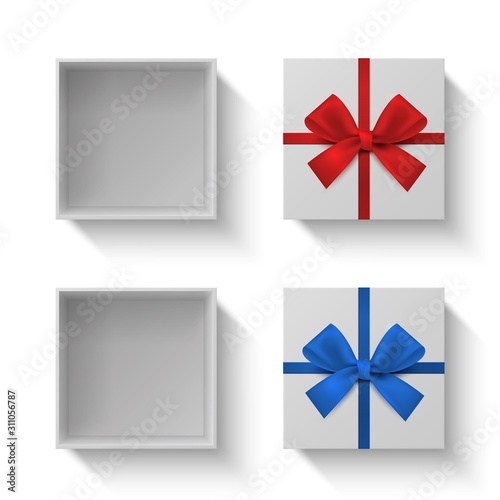 Realistic box with bow top view. Empty open gift box with red and blue color bow knot. Vector illustration handmade cardboard box on white background for presents