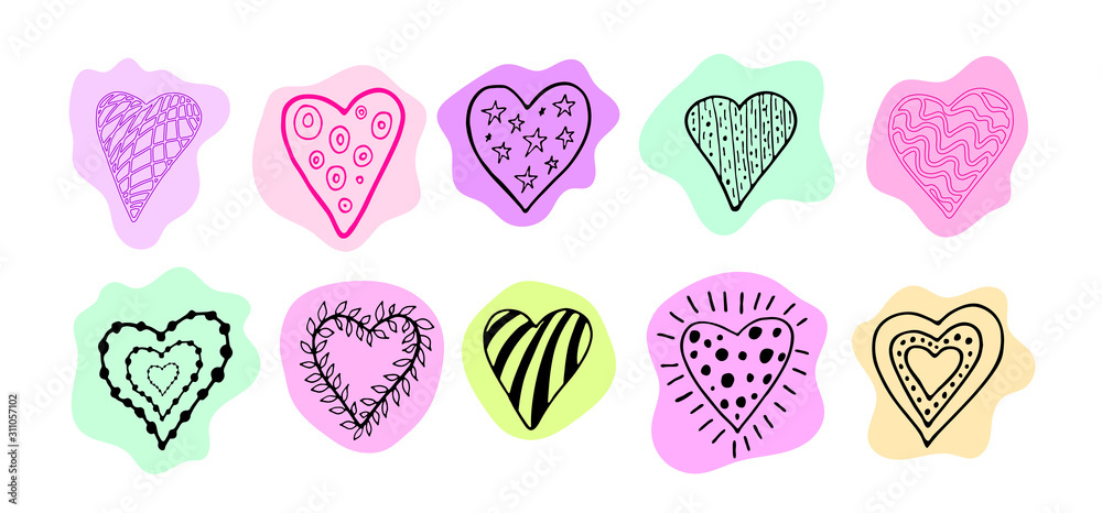 Blue, pink and green hearts set in doodle style isolated on white background. Vector stock illustration. Hand drawing line art image for Valentines Day decor. Blue, pink and green hearts set in doodle style isolated on white background. Vector stock illustration. Hand drawing line art image for Valentines Day decor.