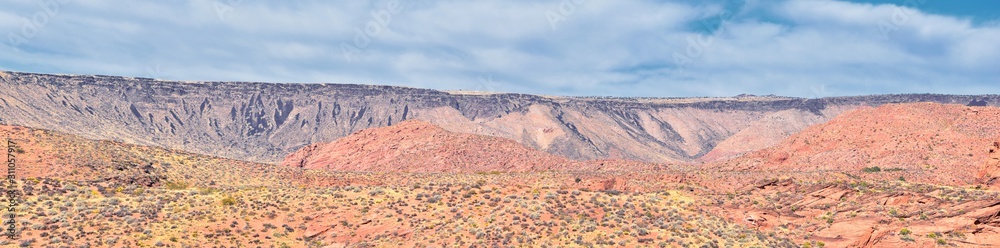 Fototapeta premium Red Cliffs National Conservation Area Wilderness and Snow Canyon State Park from the Elephant Arch and bone wash Trail by St George, Utah in desert reserve. United States. USA.