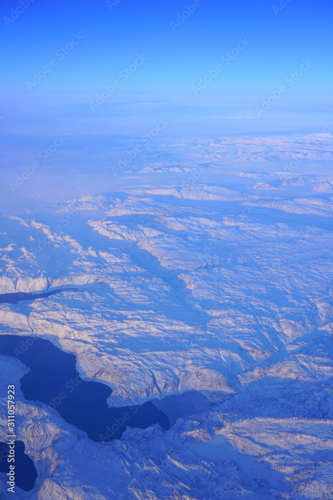Aerial view of Greenland covered with ice and snow