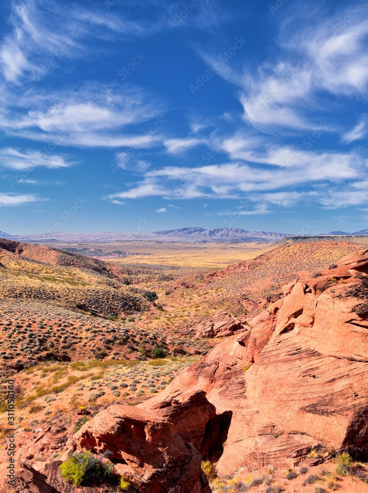 Fototapeta premium Red Cliffs National Conservation Area Wilderness and Snow Canyon State Park from the Elephant Arch and bone wash Trail by St George, Utah in desert reserve. United States. USA.