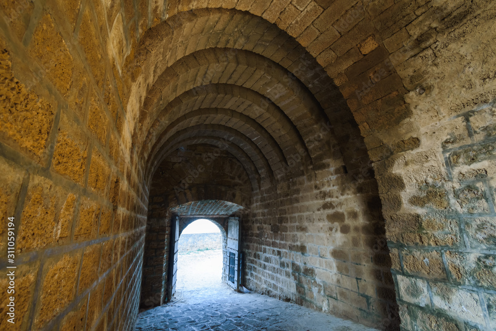 The spiral arches inside the ancient Portuguese built Diu Fort in the island of Diu in India.